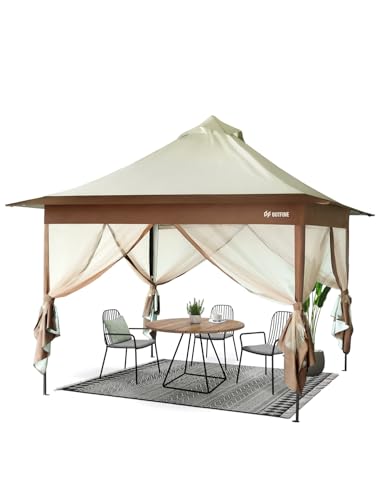 OUTFINE 12×12 Pop Up Gazebo-Heavy Duty Gazebos with Sturdy Metal Frame (10×10 Base) Reinforced with Steel Cables,Mesh Curtains,Steel Cables and Shelter for Patio, Party&Backyard(All khaki,12*12FT Pro)