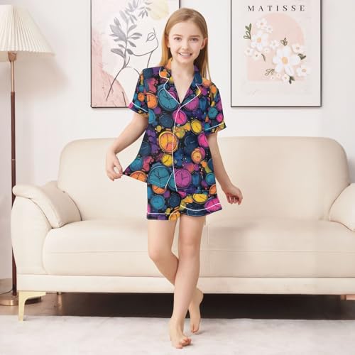 senya Colorful Alarm Clock Satin Summer Pajama Sets Silk Short Sleeve Button Down Sleepwear4