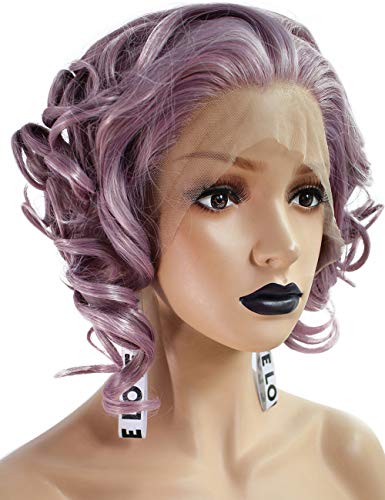 Anogol Hair Cap+Short Bob Lace Front Wig Synthetic Wigs Purple Hair Body Wave Hair For Women