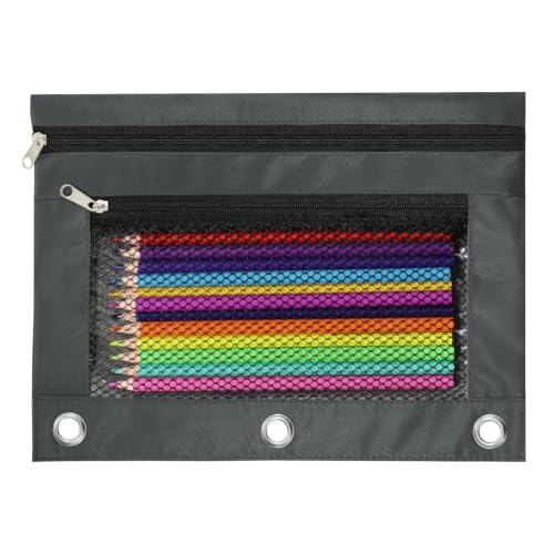 Image of Pencil Pouch for 3 Ring Binder, Heavy Duty Canvas Dual Zipper Pen Bag with Clear Window, Smooth Metal Zipper, Fit Standard 3-Ring Binders for School Office Travel Supplies (Dark Grey)