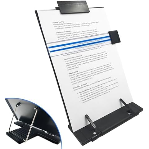 Document Holder Paper Stand for Desk When Typing, Black Metal Panel with 7 Speed Adjustable Angle Copyholders-Paper Holder for Reading, Printing, Sheet Music and Recipe, with Removable Ruler&Clip Cover