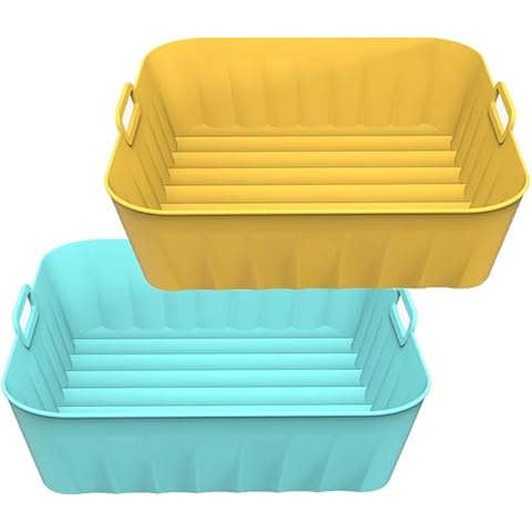 2 Pack Air Fryer Silicone Pots, 8.2 inch Silicone Air Fryer Basket, Food Safe Air Fryers Oven Accessories, Reusable Air Fryer Silicone Pan Compatible with Most Air Fryer Basket (Blue+Yellow) Cover