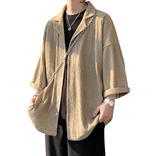 [merhee] メンズ 夏服 七分袖 シャツ 冷感 涼しい アイスシルク キューバカラー シャツ 大きいサイズ 吸汗速乾 メンズ オープンカラー シワ加工 カジュアル シンプル オシャレ khaki-2XLの商品画像（Amazon）