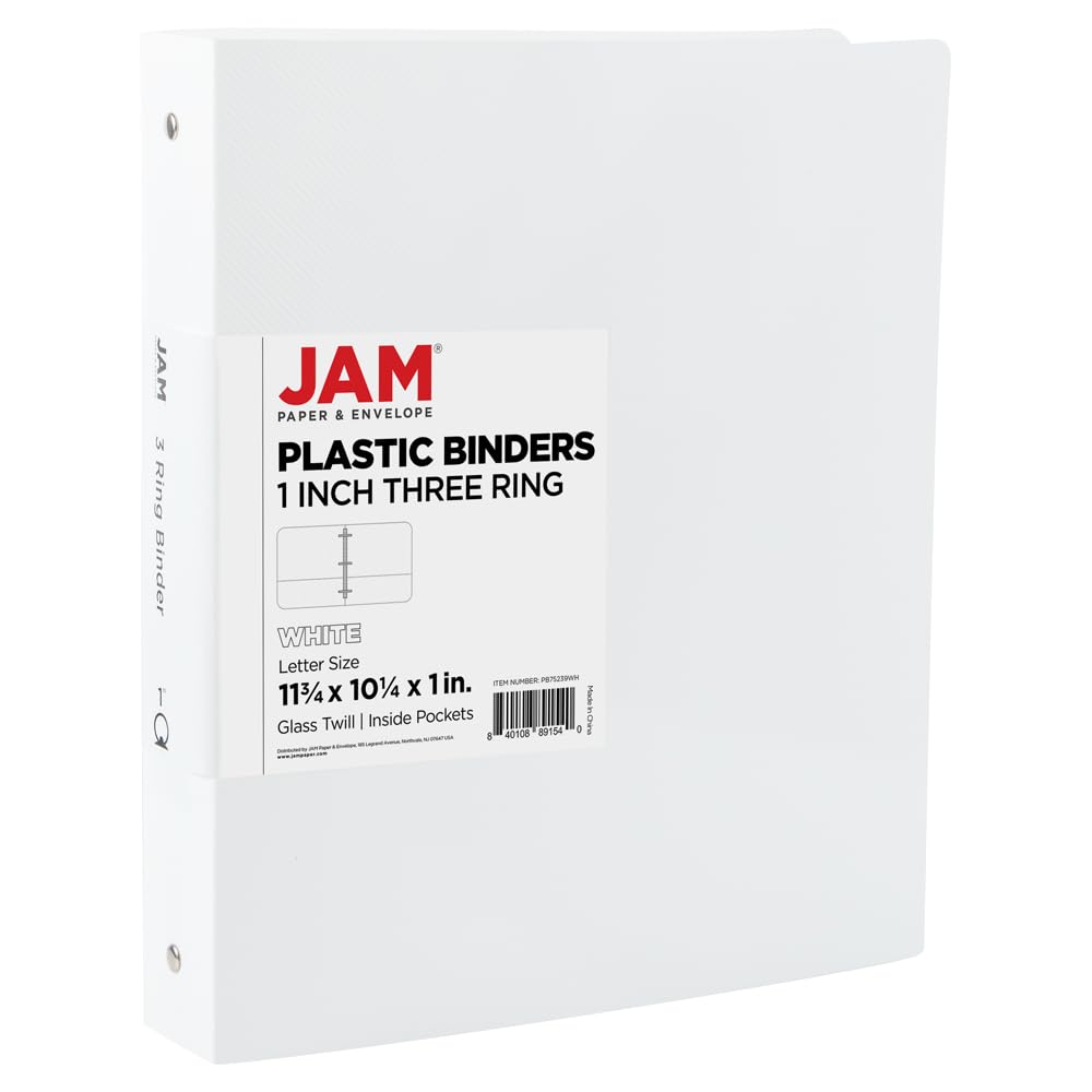 JAM PAPER Plastic 1 inch Binder - White 3 Ring Binder - Sold Individually