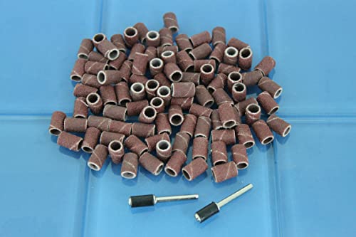 Image of TMAX 100 pc 1 /4 Inch Sand Drum Grit 60 Coarse with 2 pc 1 /8 Inch Mandrel for Dremel Rotary Tools