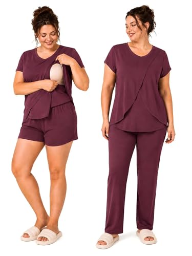 Image of Rnxrbb V Neck Nursing Pajamas Set 3 Pack Postpartum Pjs Breastfeeding Sleepwear for Women Double Layer with Pockets,Deep Purple-M