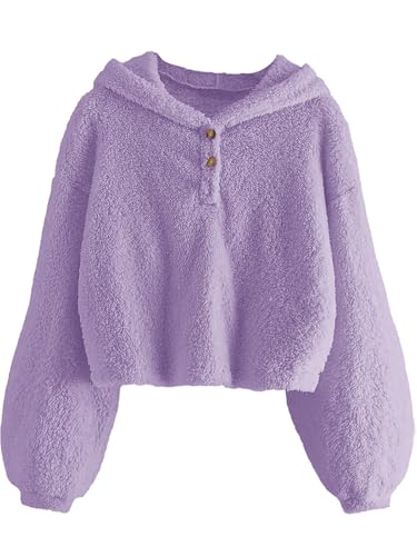 Product Image of the GAMISOTE Kids Girl's Fuzzy Hoodies Warm Loose Button Down Pullover Sherpa Jacket Top Purple