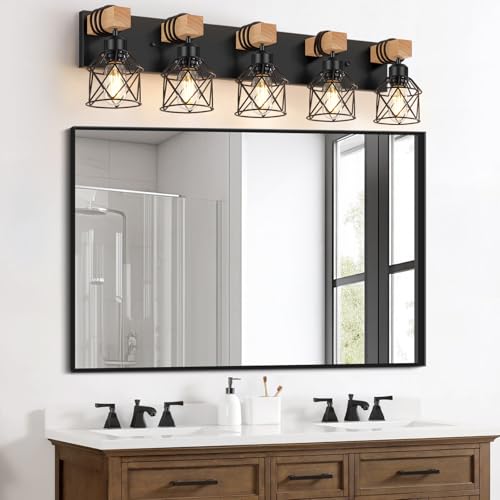 Image of FadimiKoo 5-Light Wooden Black Bathroom Light Fixtures, Rustic Style Vanity Wall Sconces Lighting with Metal Cage, Farmhouse Bathroom Lights Wall Mount for Bedroom, Living Room, Entrance