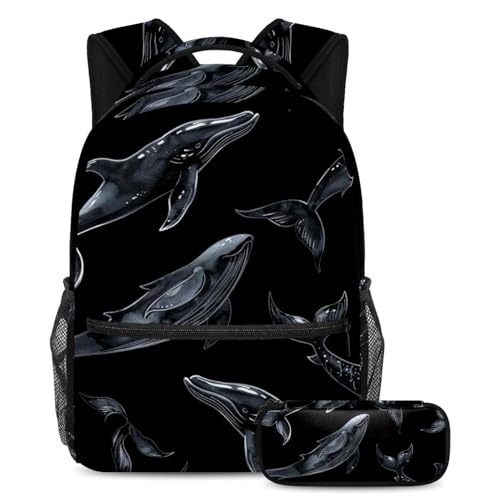 Sac à dos Art Ocean Mermaid Whale avec trousse assortie grand format pour élèves