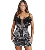 CUTUBLY Sexy Rhinestone Dresses with Feather Spaghetti Straps Dress Evening Cocktail Party Birthday Club & Night Out(K3159-Black-S)