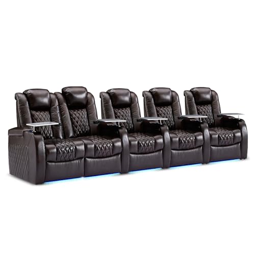 Image of Weilianda Home Theater Seating, Top Grain Leather Movie Theater Chair | Brown Row of 5 Loveseat Left, Zero Gravity, Power Headrest, Tray Table, Electric Reclining Seat for Media Room