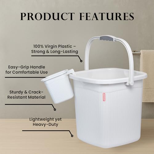 Image of Modware Square Ribbon Plastic Bucket Set with Mug | 18L Brown Bathroom Bucket with Handle + 1L Mug | Heavy-Duty Polypropylene + Co-Polymer | Stylish & Durable Bath Set (White)