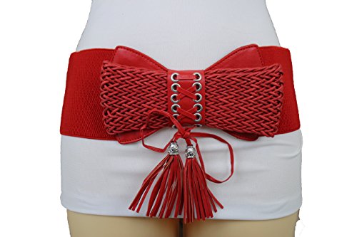 TFJ Women Elastic Wide Fashion Corset Bow Belt High Waist Tassel S M L Red3