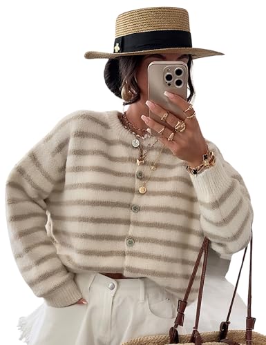 UANEO Womens Cardigans Striped Sweaters Button Down Lightweight Crewneck Knitwear Long Sleeve Outwear