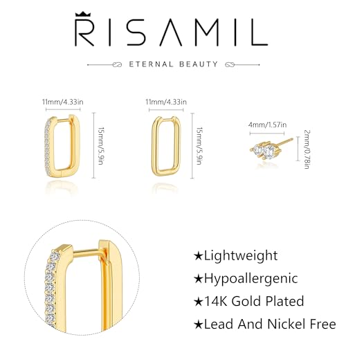 3 Pairs Gold Earrings for Women Trendy 14K Gold Plated Cubic Zirconia Hoop Stud Earrings Dainty Cartilage Hypoallergenic Dangle Huggie Earring Set Small Lightweight Gold Jewelry Gifts3