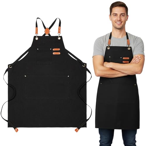 Aurafly Tela Grembiuli, Lavoro Grembiuli per Uomini Donne con Regolabile Cintura, grembiuli Cuoco Uomo Multitasche, Incrocio Posteriore grembiule Barbecue per Cucina, Ristorazione, Artigiano, Barista