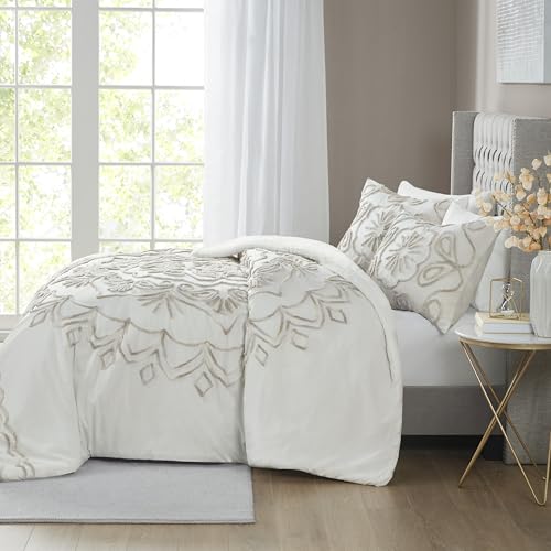 Image of Madison Park Cotton Chenille Tufted Ivory /Taupe Queen Comforter Set, 3pc