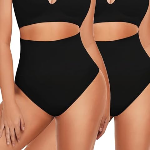 Niceuare 2 Pack Tummy Control Shapewear Thong Women Body Shaper Underwear High-waisted Sculpting Thong Fupa Control Panties (Black L) Cover