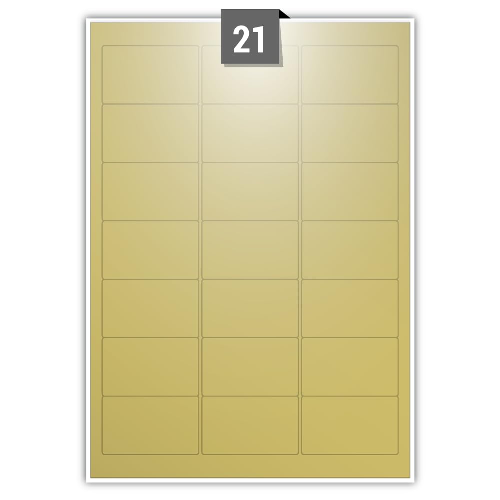 Matt Permanent Adhesive Dry Edge Rich Gold Paper Labels 21 Rectangle Printable Labels per A4 Plain Sheet – Label Paper Size 63.50 mm x 38.10 mm Ideal for Office, Packaging, Shipping