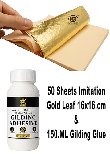 Image of UGLS Gold Leaf Pack of 50 Sheets (16 cm x 16 cm) & Adhesive 150 ml - Gilding Glue - Golden Foil for Gilding, Epoxy Resin Art, Maysur Paintings, Arts & Crafts, DIY Gilding, Furniture Gilding