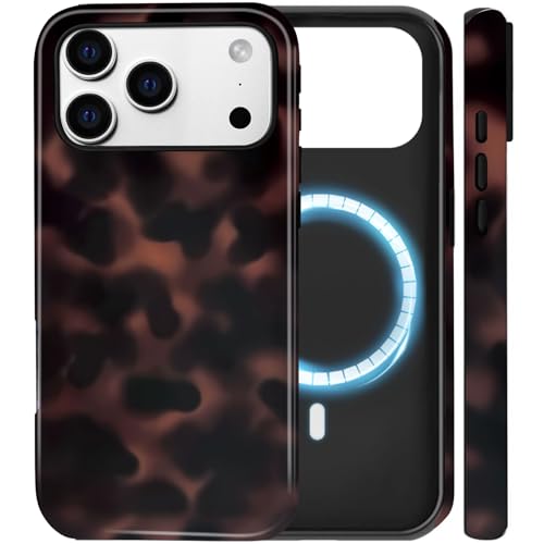 Amzfield Magnetic for iPhone 17 Pro Max Case - Tortoise Shell with Leopard Amber Print Compatible with MagSafe Cute Aesthetic Shockproof 2-in-1 Hybrid Case for Women Brown