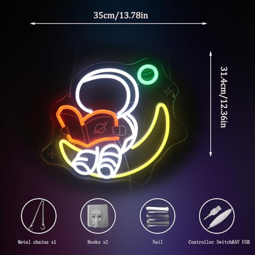Image of Nordstylee Astronaut Reading on Moon Neon Sign for Kids Room Study - Bookish LED Wall Art, Dimmable USB Space-Themed Decor, Unique Wall Hanging