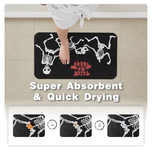 Halloween Bath Mat, Thin Halloween Bathroom Rug Non Slip Quick Dry Skeleton Bath Mat Fits Under Door Thin Floor Mat Halloween Decor, 17''x30'', Skull Treat or Trick Black