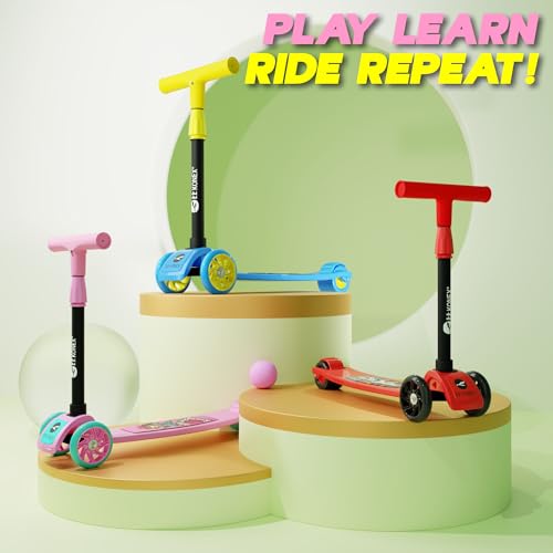 Image of Konex Kick Scooter for Kids (2+ Years) | 3 Broad Rubber Wheels for Smooth Ride | 4-Level Height Adjustable Handle | Foldable & Portable with Back Brake | Holds Up to 40 kg (Pink-Sea Green)
