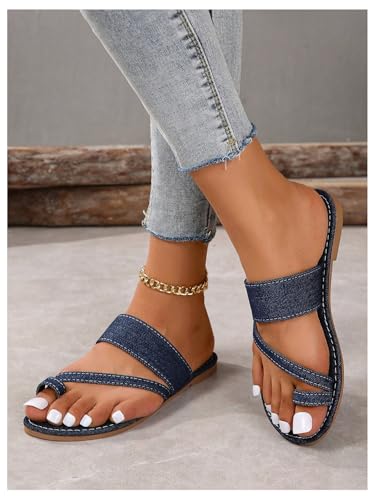 Image of GORGLITTER Women's Denim Jean Sandals Cute Dressy Toe Ring Strappy Slip on Slide Flats Sandal