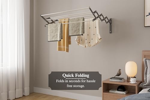 Image of UNOBRIGHT Foldable Wall Mounted Clothes Drying Stand | Heavy Duty Rust Free Stainless Steel Multi Rod Laundry Rack | 2 Feet, 9 Rods | Space Saving for Balcony, Bathroom & Laundry Room