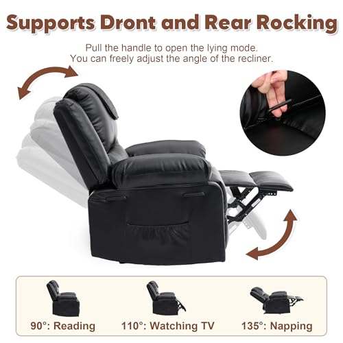 Image of Manual Recliner Chair for Adults with Heating & Massage, 135 Adjustable Reclining Lounge Chair with Side Pockets & Remote Control, Ideal for Living Room Bedroom,Black