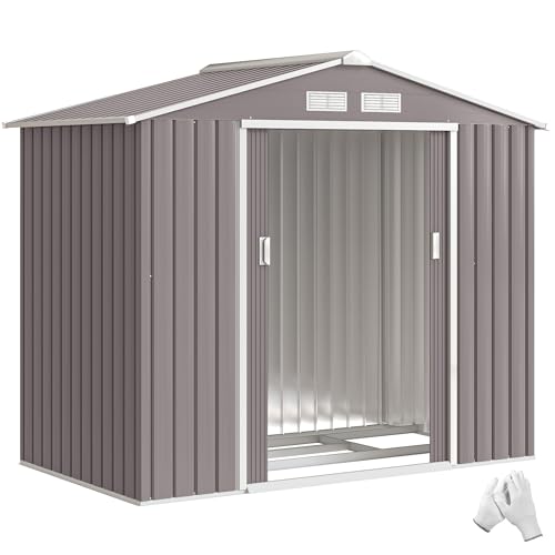 Outsunny Caseta de Jardín Exterior, 2,5 m² 213x130x185 cm, Cobertizo de Jardín Exterior Metálico con 2 Puertas Correderas, Base Refuerzo (Suelo NO Incluido) y 4 Ventanas, Gris