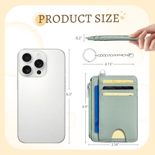 Image of Kelvoris Green Credit Card Holder Small Wallet Women, Minimalist Slim RFID | Keychain, Zipper Coin Pocket, Front Pocket Thin Travel Card Case, Minimalist, 6 Card Slots, 1 ID Window, Ladies Gifts Woman