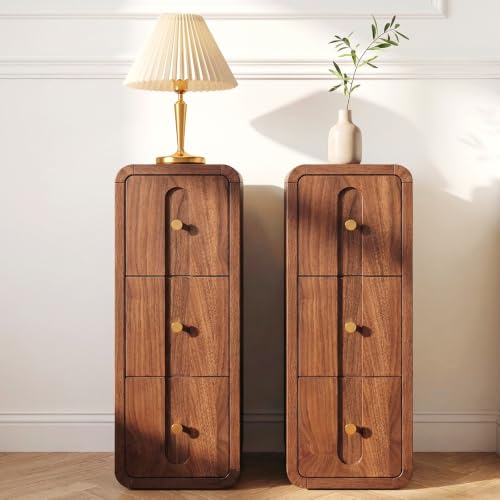 Clyphix Narrow Nightstand Set of 2 Small Bedside Table with 3 Drawers Mid Century Modern Skinny Night Stand with Storage Wood Slim Side Table for Bedroom Small Spaces Living Room (Walnut-2pcs)