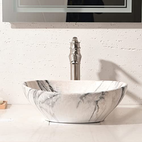 Oval Bathroom Vessel Sink Bowl -Hlblfy 16"X13" Black White Marble Coated Porcelain Ceramic Vessel Vanity Sink Art Basin& Black Faucet Comb #TOP3