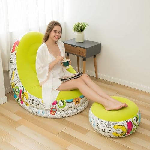 Image of Primechoice Pu, Plastic Inflatable Lounge Chair with Footrest 2-in-1 Air Sofa for Adults, Folding Portable Lazy Recliner with Pump for Indoor Living Room, Office, Outdoor Camping (Graffiti Yellow)