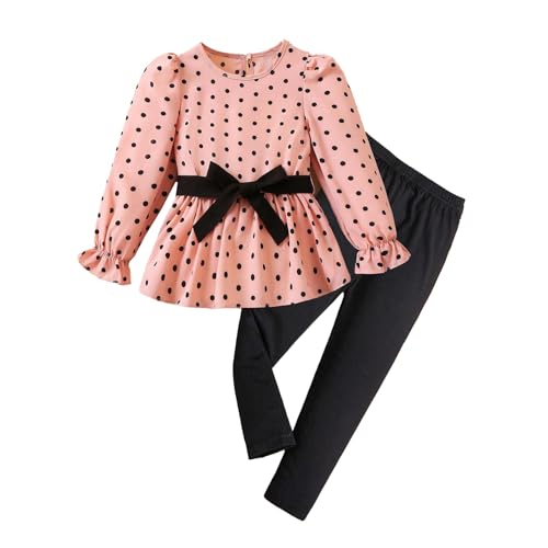 Image of Girls Polka Dot Lantern Long Sleeve Shirt with Bow-tie Belt and Legging Pants for 2-8 Years