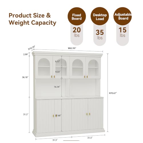 Image of ivaniti 71 inch Farmhouse Kitchen Pantry Cabinet Set of 2 with Arched Glass Doors, White Freestanding Coffee Bar Hutch with Microwave Stand and Adjustable Shelves for Kitchen