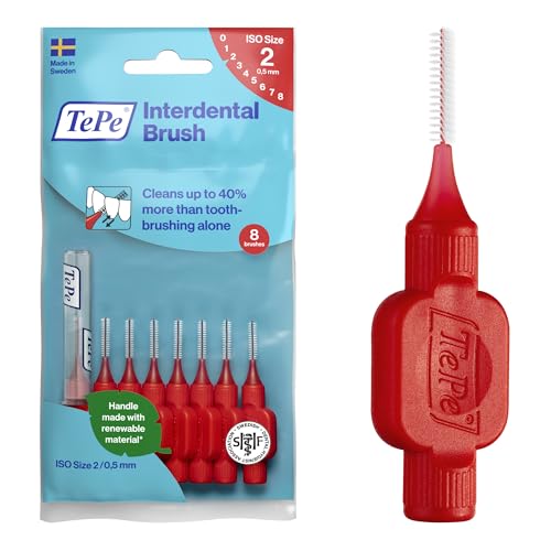 TePe Interdental Brush Original Red 0.5mm/ISO 2 8pcs efficient Cleaning Between Teeth Plaque Remover and Dental flosser for Narrow Gaps