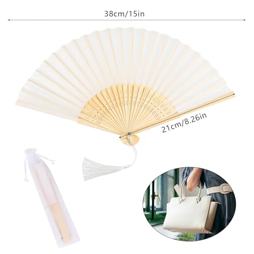 Miniatura 2 de Tskdkit 2 Pcs Abanicos De Mano Plegable Blanco, Abanicos De Tela Con Borla Y Bolsa De Abanico, Abanicos Boda Para Invitados Abanicos Para Refrescarse En Verano Boda Favor Decoración De Baile