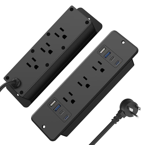 HHSOET 14 in 1 Fast Charging Recessed Power Strip 20W Furniture Power Outlet Flush Mount Surge Protection with 6 AC Plugs 4 USB-A and 4 USB-C 6ft Power Cord. (Black)