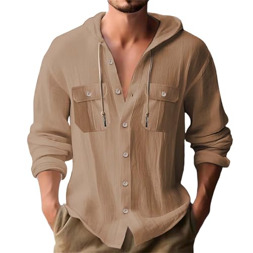 Mens Linen Long Sleeve Button Down Drawstring Hoodie Sun Protection Casual Shirt2
