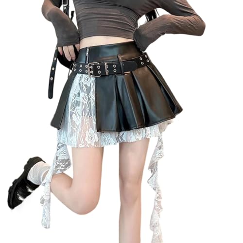 Mini jupe plissée gothique femme cuir PU Y2k Harajuku vêtement esthétique noir