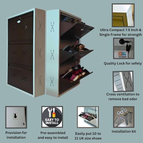 Image of I Double Decker Metal Shoe Rack I Single Lock I Wall Mounted I 3 Shelve (Brown Colour) I Coad LC 2DDL-03 BR I Height 43 Inches, Width 26 Inches, Depth 7.5 InchesI 3 Years Warranty.