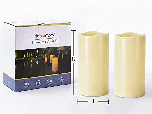 Image of Homemory 4 inch x 8 inch Waterproof Outdoor Flameless Candles, Battery Operated Flickering LED Pillar Candles with Remote and Timers for Indoor Outdoor Lanterns, Long Lasting, Large, Dark Ivory, Set of 2