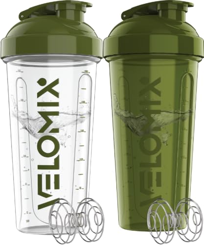 Image of VELOMIX -2 Pack- 28 oz Protein Shaker Bottles for Protein Mixes - 2x Wire Whisk | Leak Proof Shaker Cups for Protein Shakes and Pre Workout | Protein Shaker Bottle Pack (Forest Green)