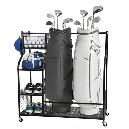 Soporte de almacenamiento para palos de golf móvil con ganchos de metal