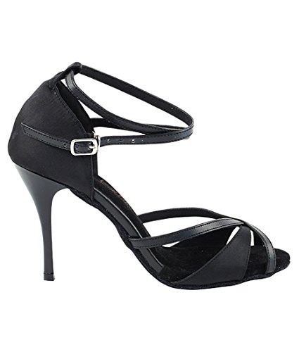 Very Fine Dance Shoes - Ladies Latin, Rhythm, Salsa, Waltz Ballroom Dance Shoes - 2829LEDSS - 3.5-inch Heel and Foldable Brush Bundle - Black Satin - Black Trim - 6.52