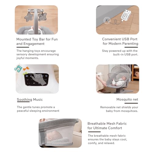 Image of StarAndDaisy X Mastela Baby Electric Cradle /Crib for Infant, Toddler with 7 Swing Modes, Music, Backrest Adjustment, Hanging Toys & Touch Panel - Dark Grey