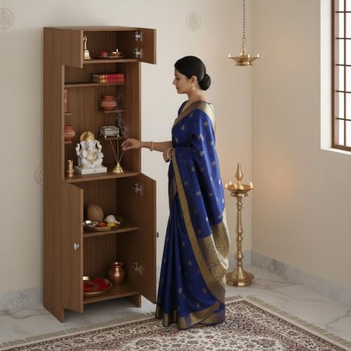 Image of FURNEASER Shivika Engineered Wood Pooja Mandir for Home | Modern Design Temple for Home & Office | Puja Stand Shelf | Prayer Cabinet Shelf (Exotic Teak)